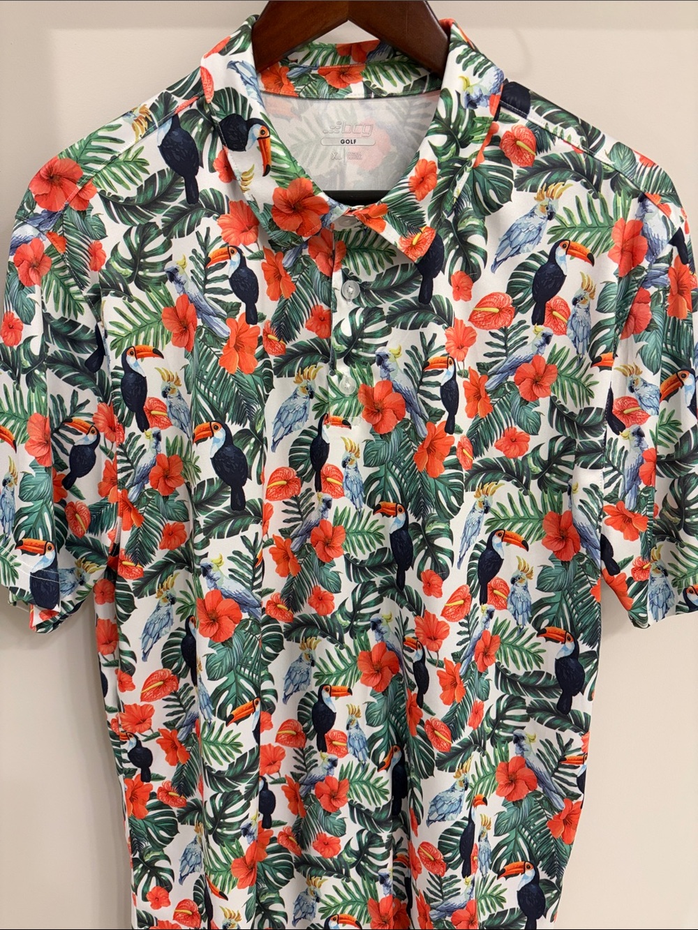 bcg Tropical Toucan Short-Sleeve PerformanceGolf Shirt- White/Green/Red/Black